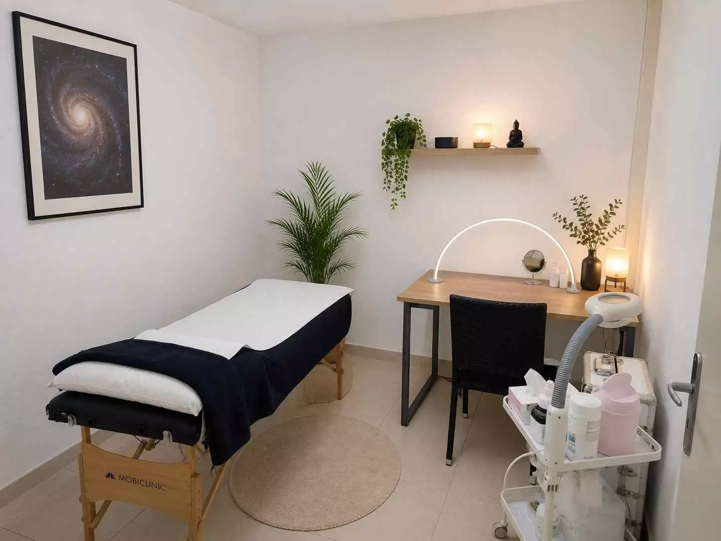 Cabinet Galaxie aménagé pour les soins esthétiques et le bien-être avec table de massage, bureau de consultation et ambiance épurée.